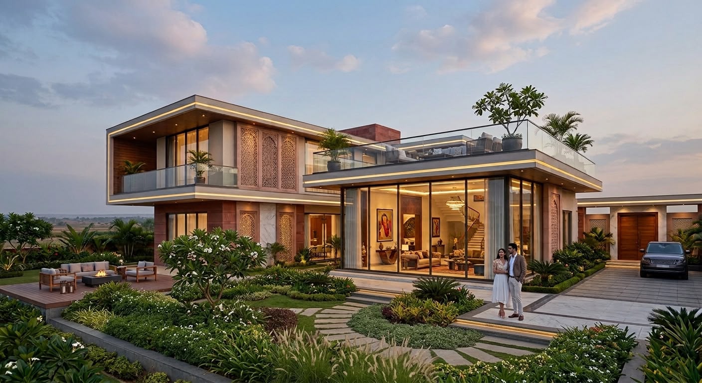 Villa and residential property at dusk by Janjaes Infra