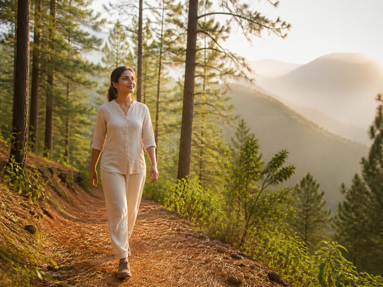 Pine forest walking trail in the Himalayan foothills
