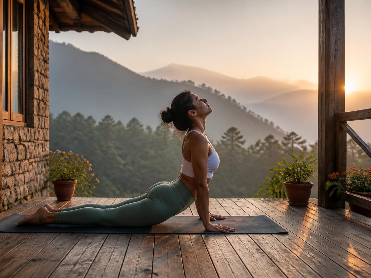 Morning yoga facing the Himalayan foothills