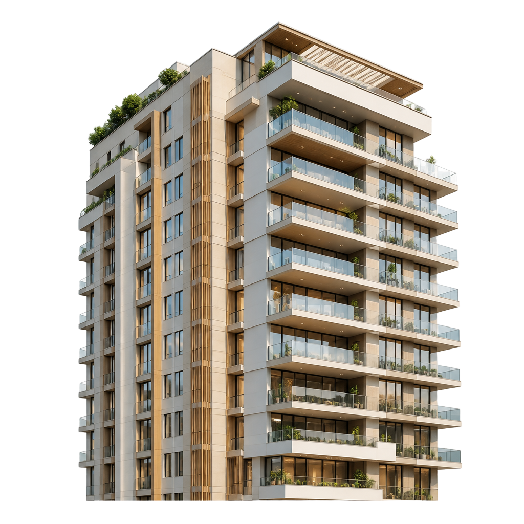 Contemporary luxury apartment building by Janjaes Infra with glass balconies and landscaped terraces