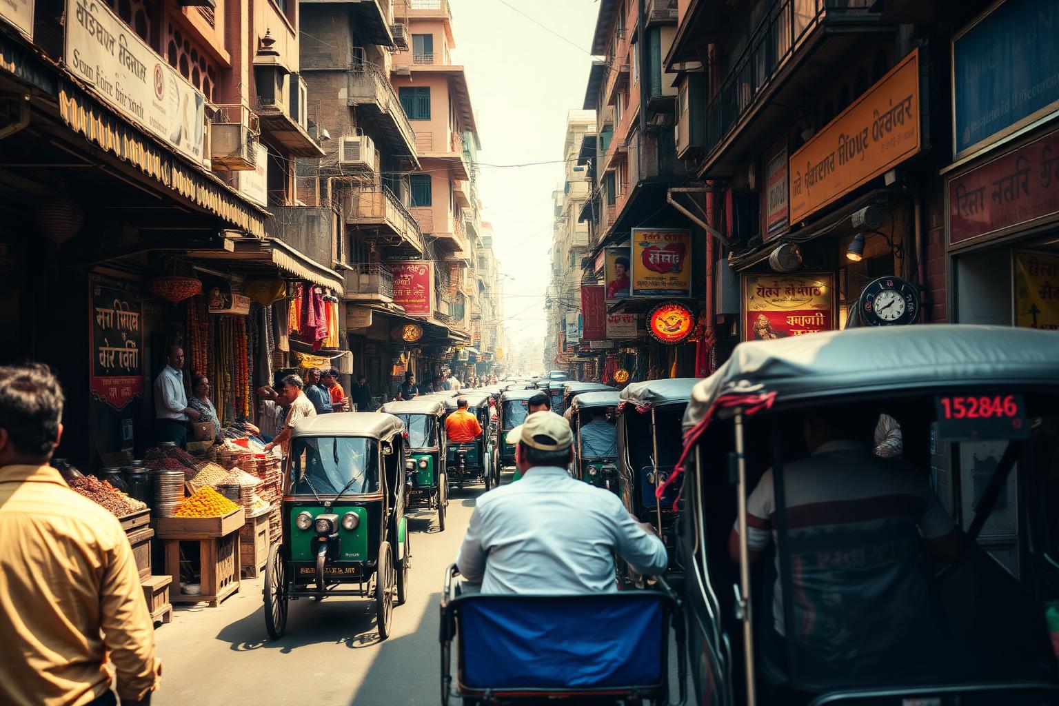 Rickshaws and spice stalls in Chandni Chowk, Old Delhi