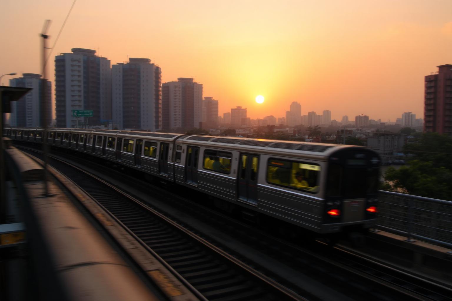 Delhi Metro gliding past the skyline at sunset