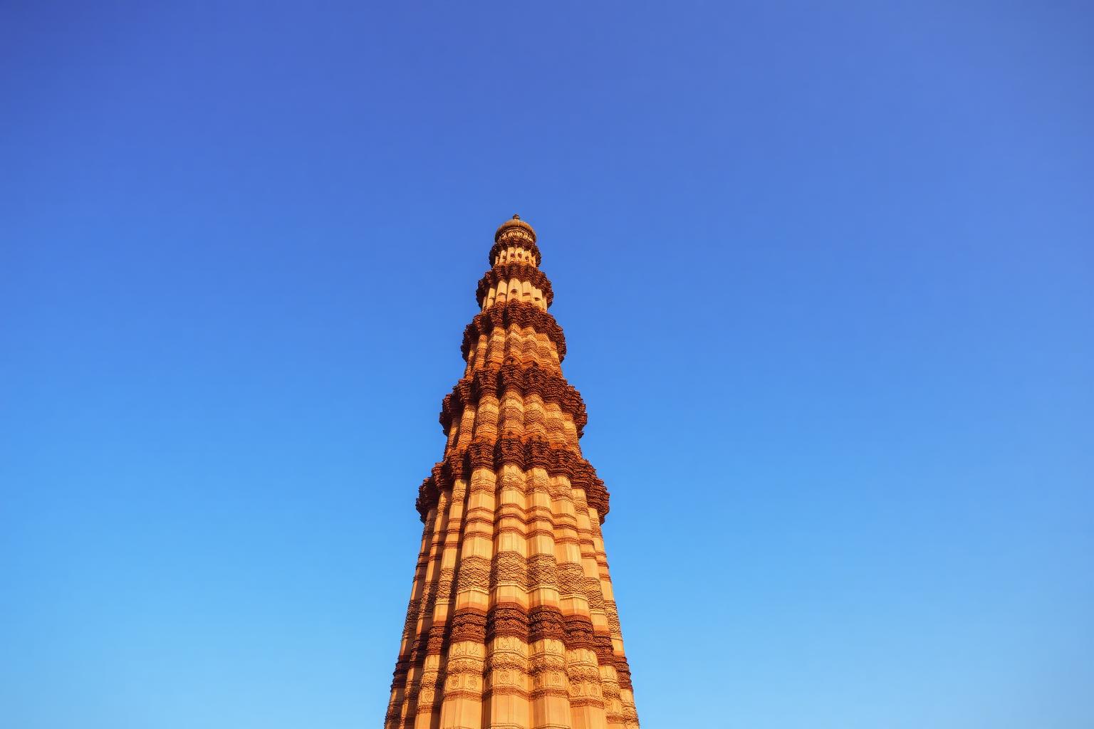 Qutub Minar against a clear blue sky, Delhi