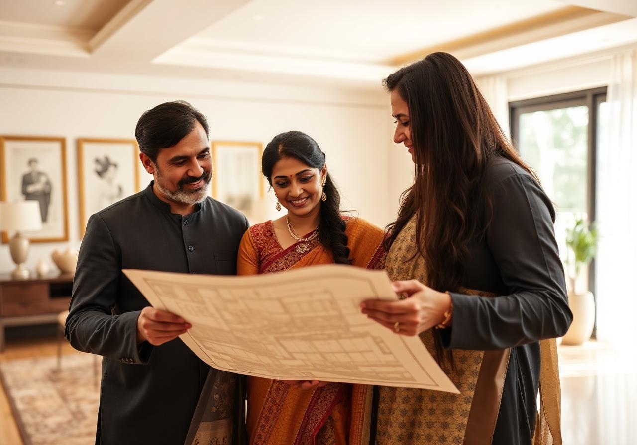 Indian family reviewing home blueprint