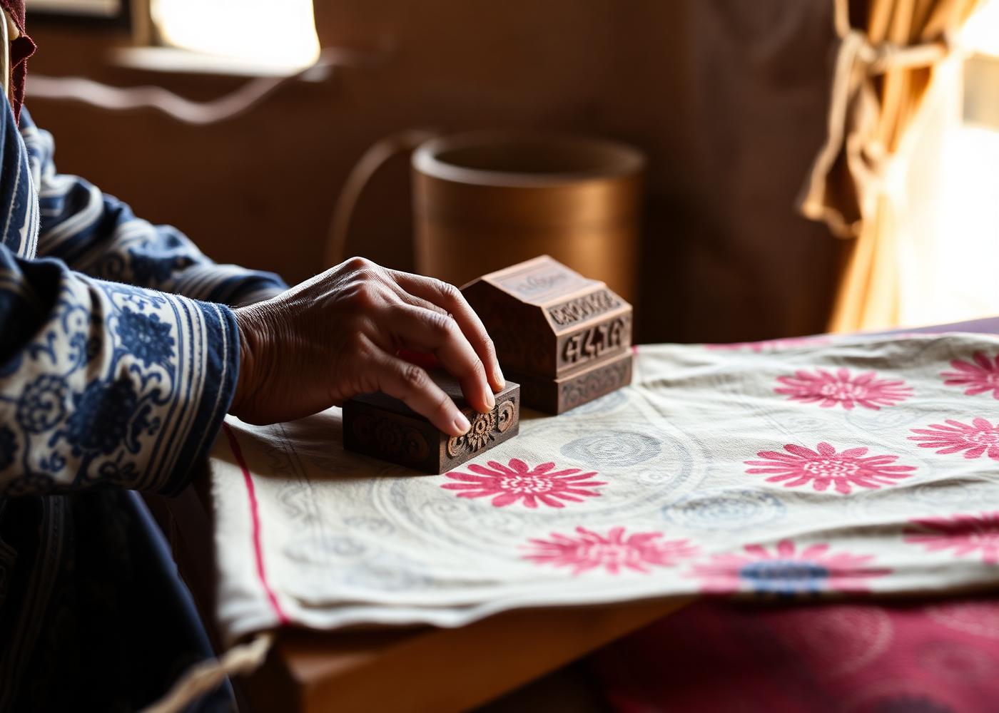 Hand block printing on cotton textile, Rajasthan